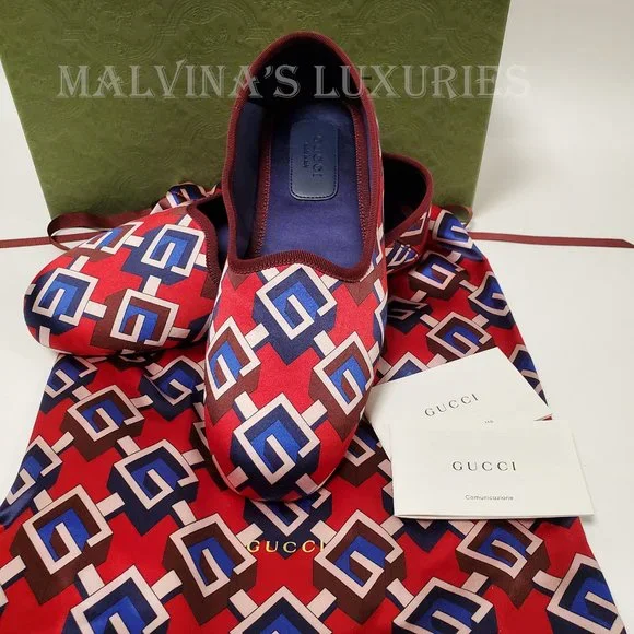 GUCCI SHOES GEOMETRIC G LOGO RED BLUE WHITE SATIN SLIPPER sz 39 9 US